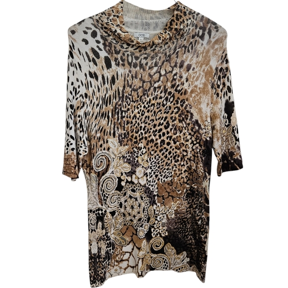 Cache Vintage Y2K Size Large Animal Print Subtle Beaded 3/4 Sleeve Knit Sweater - Picture 1 of 5